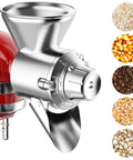Grain mill attachment for KitchenAid stand mixer, all-metal, front view with hopper and grind dial.