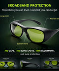 Badass Laser Safety Glasses With Sleek High Density Lenses Blocking Mean Laser Beams For Welding And Hair Removal Jobs Featuring Rugged Pro Grade Wide Spectrum Eye Shield Gear, ergonomic frame view.