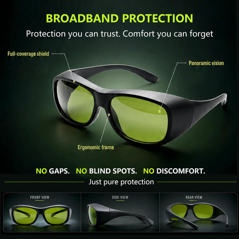 Badass Laser Safety Glasses With Sleek High Density Lenses Blocking Mean Laser Beams For Welding And Hair Removal Jobs Featuring Rugged Pro Grade Wide Spectrum Eye Shield Gear, ergonomic frame view.