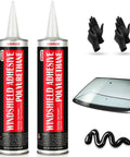 2 Pack Polyurethane Windshield Adhesive Sealant Black for Beast Bond Strength, Quick Curing, Weather Resistant Automotive Glass Glue Perfect for Vertical and Overhead Install, 310ml with gloves and glass pane