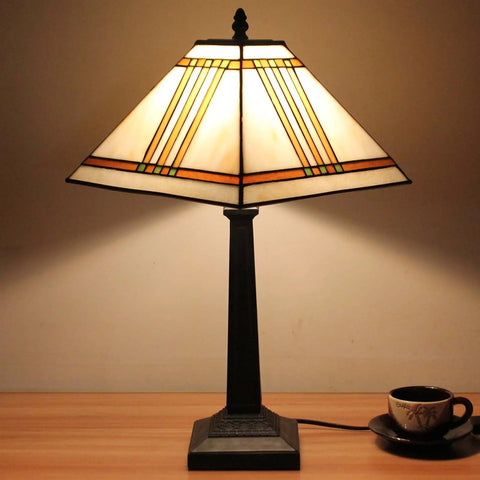 Mission Tiffany Style Stained Glass Table Lamp, Handmade Copper Foil Craft, 20 Inch Tall With 11-Inch Wide Lampshade.