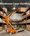 Compact Foldable Electric Stacker With 1543 Lbs Lifting Capacity, Articulated Boom Forklift For Tight Spaces in a warehouse setting.