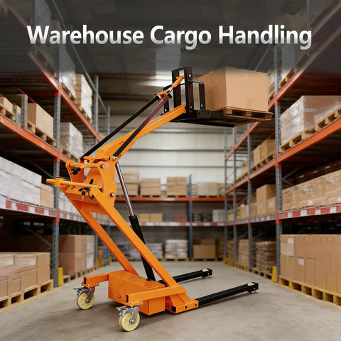 Compact Foldable Electric Stacker With 1543 Lbs Lifting Capacity, Articulated Boom Forklift For Tight Spaces in a warehouse setting.