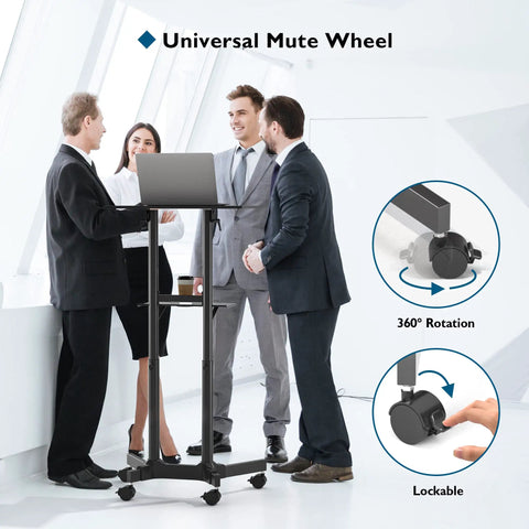 Business meeting using On Wheels Portable Standing Laptop Desk With Height Adjustable Sit Stand 0 To 40 Degree Tilt Rolling Cart.