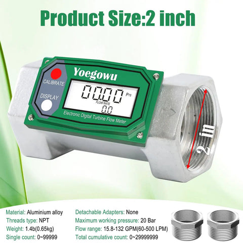 2 inch inline digital turbine flow meter with LCD display and aluminum alloy body, compatible with fuel and water systems.