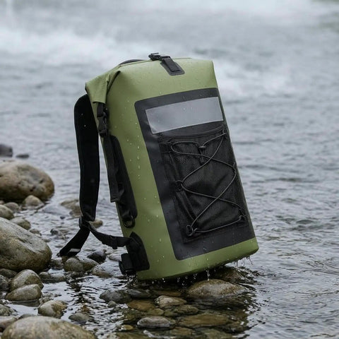 Waterproof Roll-Top Backpack With Padded Straps 35L Daypack For Hiking And Camping, Heavy-Duty Weatherproof Gear For Rainy Trails in stream