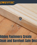Heavy Duty Edge Deck Screw Jig Kit With T15 Torx Bit Plus Three Precise Board Spacing Settings For Smooth Hidden Fastening On Thirty Five To Six Inch Wood Or Composite Planks Fitting Standard Number Ten Screws For No Sweat Deck Builds. Close-up of a hidden fastener installed in wood.