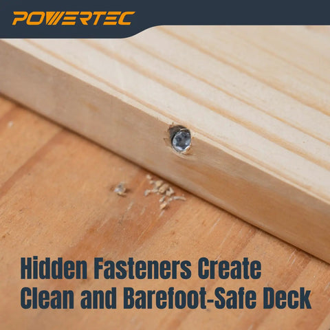 Heavy Duty Edge Deck Screw Jig Kit With T15 Torx Bit Plus Three Precise Board Spacing Settings For Smooth Hidden Fastening On Thirty Five To Six Inch Wood Or Composite Planks Fitting Standard Number Ten Screws For No Sweat Deck Builds. Close-up of a hidden fastener installed in wood.