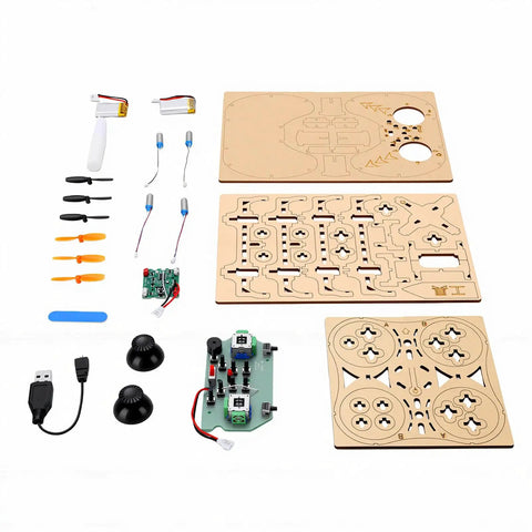 Components of Wooden Drone Kit For Beginners With Protective Frame And One Key Takeoff DIY RC Quadcopter laid out on white background.