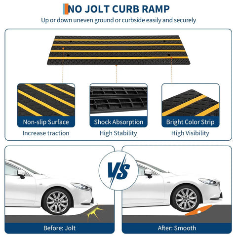 Heavy Duty Rubber Curb Ramps 2 Pack For Driveway Transition And Low Clearance Rides showcasing non-slip surface with bright color strips.
