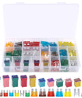 Open box displaying a 250-piece All In One Car Fuses Assortment Kit with standard and mini blade fuses, including a fuse puller.