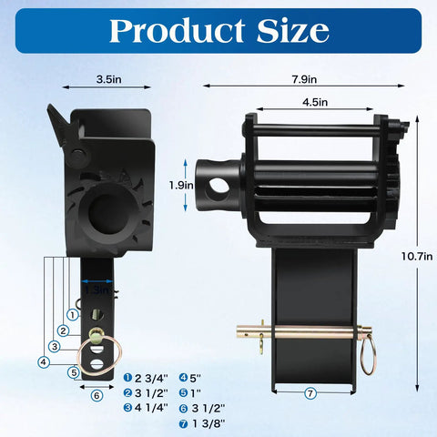 Heavy Duty Flatbed Stake Pocket Winch Set 4 Pack, 16200 Lb Capacity With 5400 Lb Load Limit, Rugged Corrosion Resistant Steel, Black Powder Coat, Built For Secure No Fuss Tie Downs On Flatbed Trucks. Product size diagram with measurements.