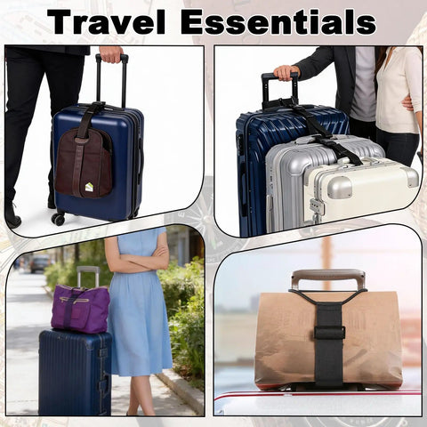 Two Pack Luggage Straps For Suitcases, Adjustable T Type And Flat Belt To Connect Three Bags in use with travel essentials