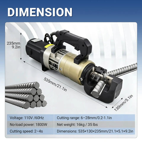 Heavy Duty 1800W Portable Electric Rebar Cutter For Steel Bars Up To 28mm dimensions with cutting details for job sites and DIY projects.
