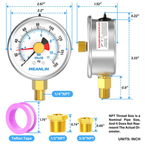 Meanlin stainless steel pressure gauge, 0-160 psi, 2.5 inch dial, 1/4 inch NPT mount, liquid-filled with reset pointer.