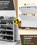 Comparison of a traditional shoe rack versus a white wall mounted hidden shoe organizer cabinet with 3 flip drawers.
