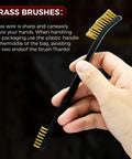 Hand holding a brass brush from Six Pack Double Ended Gun Cleaning Brushes Set With Brass And Nylon Bristles All Purpose Cleaning Kit.