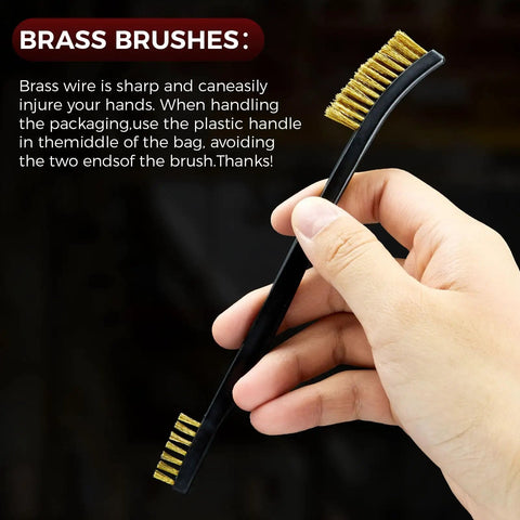 Hand holding a brass brush from Six Pack Double Ended Gun Cleaning Brushes Set With Brass And Nylon Bristles All Purpose Cleaning Kit.