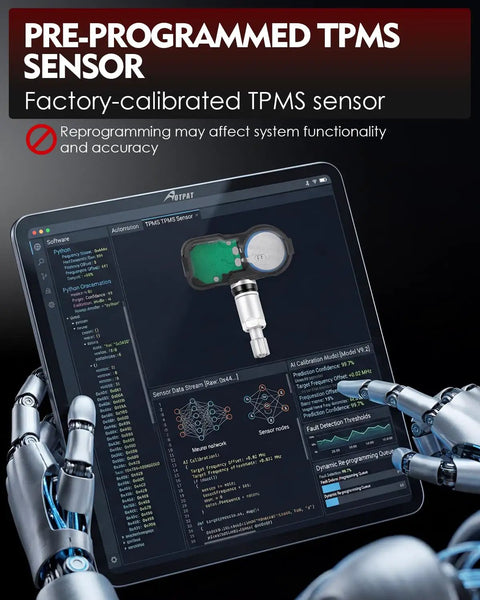 Preprogrammed 315Mhz Tpms Tire Pressure Monitor Sensor For Toyota Camry Corolla Cross Avalon Bz4X on a tablet with robotic hand.