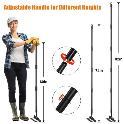 Person showcasing 2 In 1 Garden Hoe With Stirrup Action And 4 Tine Cultivator Rake On A 74 Inch Handle with adjustable height