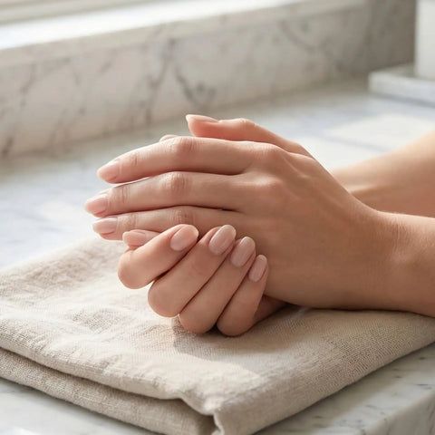 Hands with manicured nails resting on a towel, using Stone Nail File Set With Pumice Stick And Cuticle Pusher For Fingernails And Toenails Care.