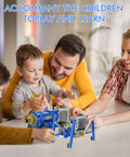 330 Piece 12 In 1 STEM Building Kit With Electric Power Motor For Kids Build Motorized Animals Cranes Race Cars Fans And More A Hands On Learning Toy That Sparks Imagination And Keeps Them Entertained For Hours Of Pure Fun. family using motorized STEM building kit on table