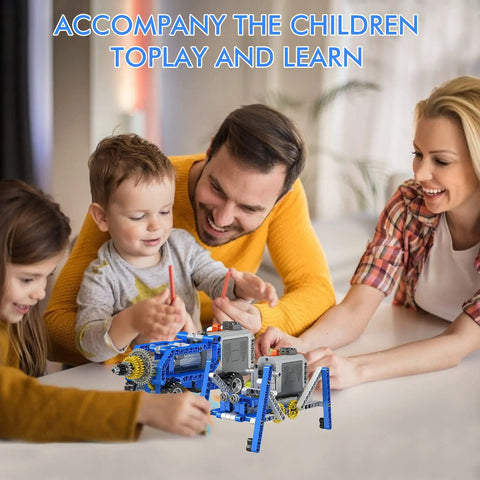 330 Piece 12 In 1 STEM Building Kit With Electric Power Motor For Kids Build Motorized Animals Cranes Race Cars Fans And More A Hands On Learning Toy That Sparks Imagination And Keeps Them Entertained For Hours Of Pure Fun. family using motorized STEM building kit on table