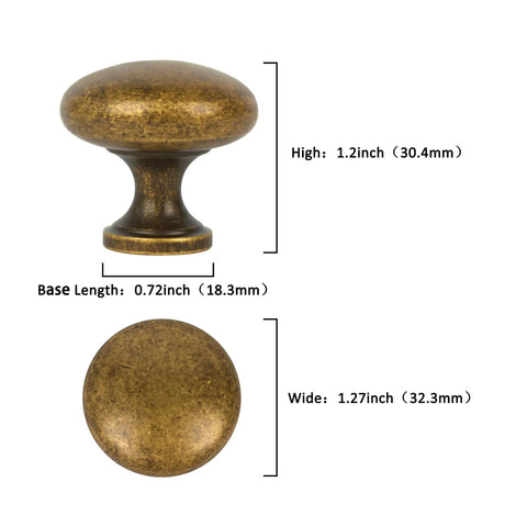 Antique Brass Cabinet Knobs 10 Pack Zinc Alloy Single Hole Drawer Pulls For Kitchen Cabinets And Dressers With 1.27 Inch Hole 1.2 Inch Height 0.72 Inch Base Vintage Style Hardware