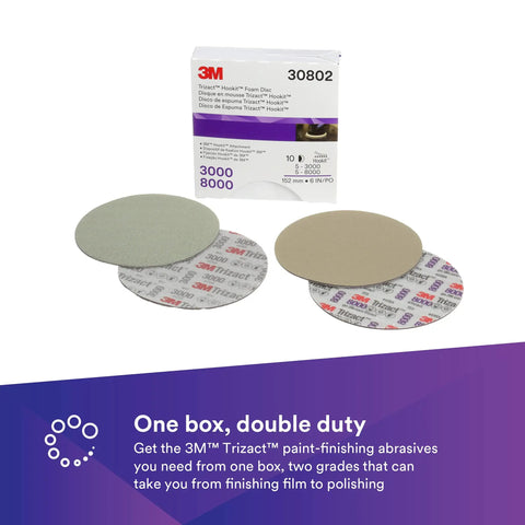 Trizact Hookit Foam Backing Abrasive Disc 3000 And 8000 Grades for collision repair, package and discs displayed.