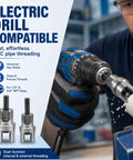 Dual Function 2 Pc Pvc Pipe Threading Kit With Electric Drill Adapter in use, threading 1/2 and 3/4 inch PVC pipe.
