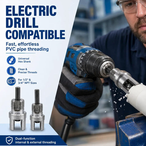 Dual Function 2 Pc Pvc Pipe Threading Kit With Electric Drill Adapter in use, threading 1/2 and 3/4 inch PVC pipe.
