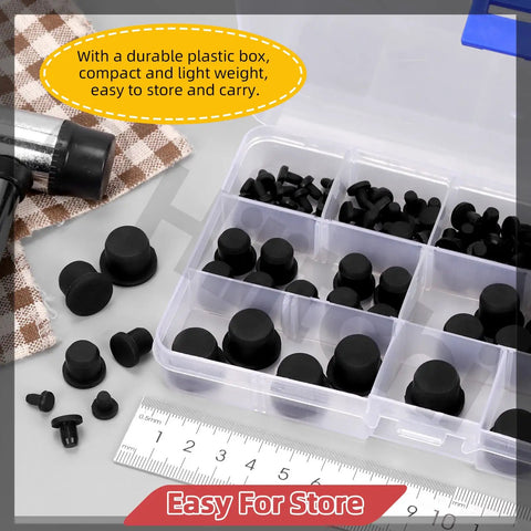 Rock Solid 100Pcs Silicone Hole Plugs Assortment Kit With 7 Sizes For Powder Coating And Plating Jobs High Temp Waterproof Stopper T-Shaped Seals In Black To Keep Your Holes Gapping Safe in storage box