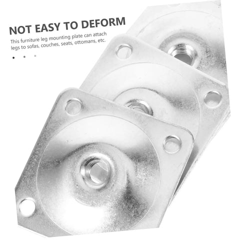 Heavy Duty Table Leg Mounting Plates For Furniture And Sofa Feet Connectors With Pre Drilled Holes and shown in silver steel finish.
