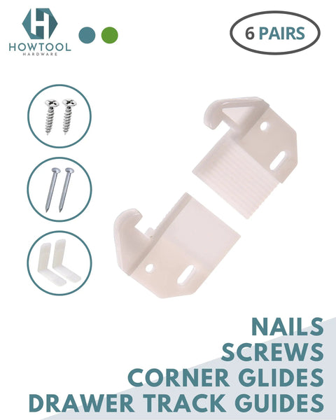 Adjustable White L Angle Drawer Guides Quick Fix Furniture Replacement Kit With Screws Smooth Glide Tracks set with screws and corner glides.