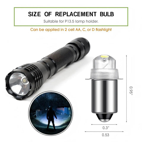 Two Pack 3V P13.5S LED Flashlight Bulbs For 30 Lumen Torch Replacement For AA C And D Cells next to flashlight and size diagram