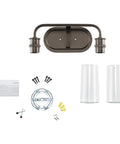 Industrial Vintage Two Light Vanity Light With Clear Seeded Glass In Olde Bronze Finish components and hardware displayed