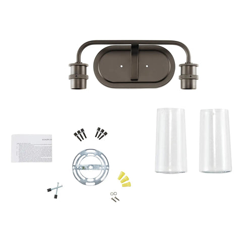 Industrial Vintage Two Light Vanity Light With Clear Seeded Glass In Olde Bronze Finish components and hardware displayed