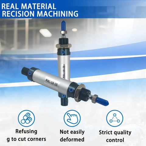 Mini Aluminum Pneumatic Cylinder MAL16x25 Double Acting Single Rod 16mm Bore 25mm Stroke, aluminum body, displayed with blue background.