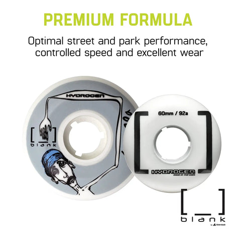 60mm Inline Skate Wheels 92A For Street And Park, 4 Pack, Premium Formula With Solid Core, white design with artwork, made in USA