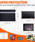 Bombproof Fireproof Document And Money Bag Set, Waterproof Safe Pouch With Zipper, Two Pack in different sizes shown with valuables