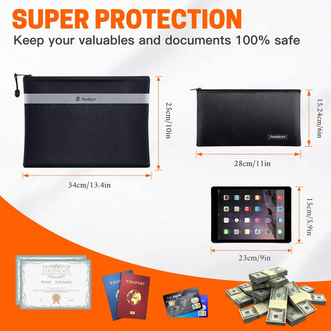 Bombproof Fireproof Document And Money Bag Set, Waterproof Safe Pouch With Zipper, Two Pack in different sizes shown with valuables
