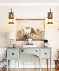 Interior view with 2 In 1 Black Rustic Wall Light With Industrial Glass Shade Lantern Metal Wall Sconce, warm light, above a console table