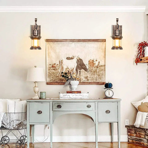Interior view with 2 In 1 Black Rustic Wall Light With Industrial Glass Shade Lantern Metal Wall Sconce, warm light, above a console table