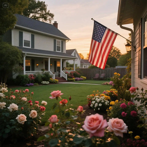 Patriotic 2x3 Ft USA Flag Crafted From Oxford Polyester with vivid colors, embroidered stars, on display in suburban garden setting.