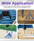 52 Piece Concrete Screw Anchor Kit With Drill Bit And Screwdriver Bit Swpeet Included, showing screws in wood, metal, and concrete.