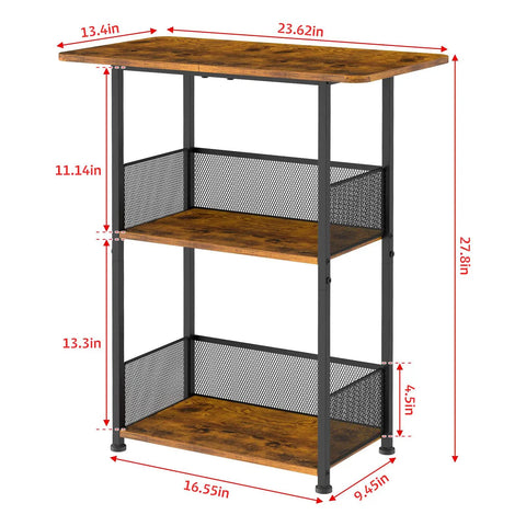 Compact Three Tier Floor Standing Coffee Bar Shelf For Cozy Corner Space Saving Farmhouse Style Coffee Station Perfect As A Small Coffee Table And Cabinet In Living Room Or Dining Room Brown And Black Finish, measuring 23.63 x 13.4 x 27.8 inches with iron and MDF frame.