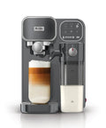 Top Shelf Hassle Free One Touch Espresso And Latte Brewer With Built In Frother, showcasing layered latte and milk frother.