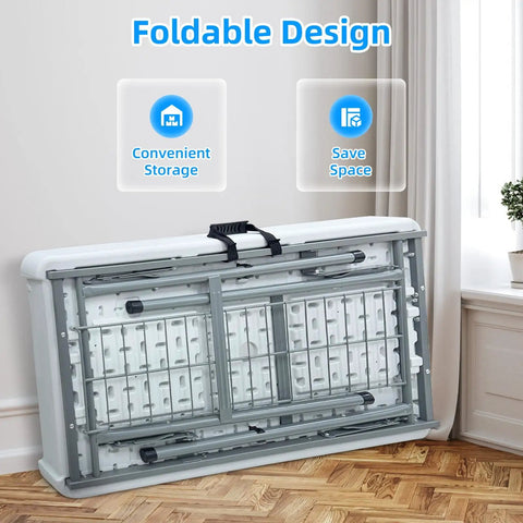 Folding Ice Cooler Table With Skirt And Drain Hose Portable Self Serving Beverage Bar folded and stored against wall
