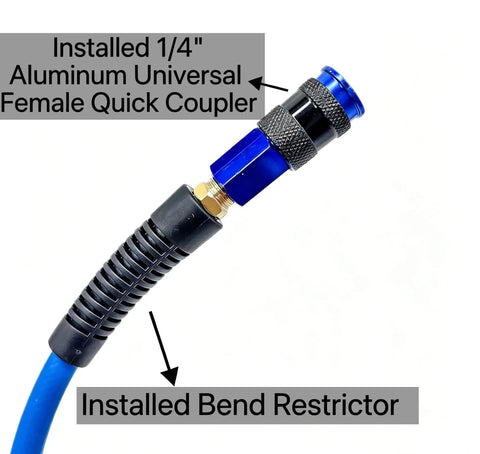 1/4 inch universal coupler and bend restrictor attached to Heavy Duty 1/4 Inch By 100 Ft Air Compressor Hose Rated 300 Psi.