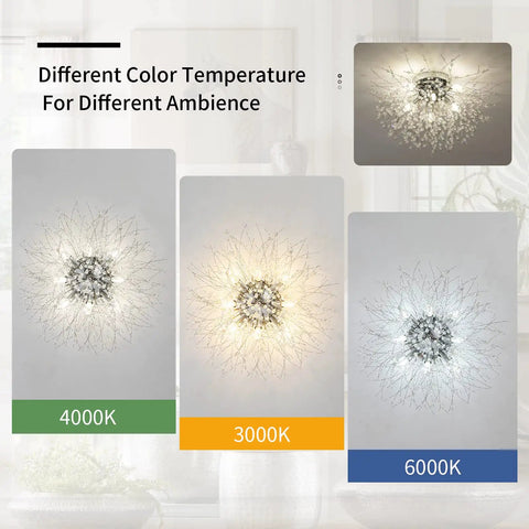 Super Cool Crystal Flush Mount Ceiling Light With Chrome Sputnik Firework Chandelier Design Eight Light Close To Ceiling Fixture Perfect For Bedroom Kitchen Hallway Or Entryway Using G9 Bulbs, shown in different color temperatures 4000K, 3000K, 6000K